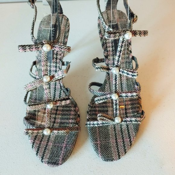 Zara Multicolor Plaid Sandals with Pearl Accents - Picture 1 of 10